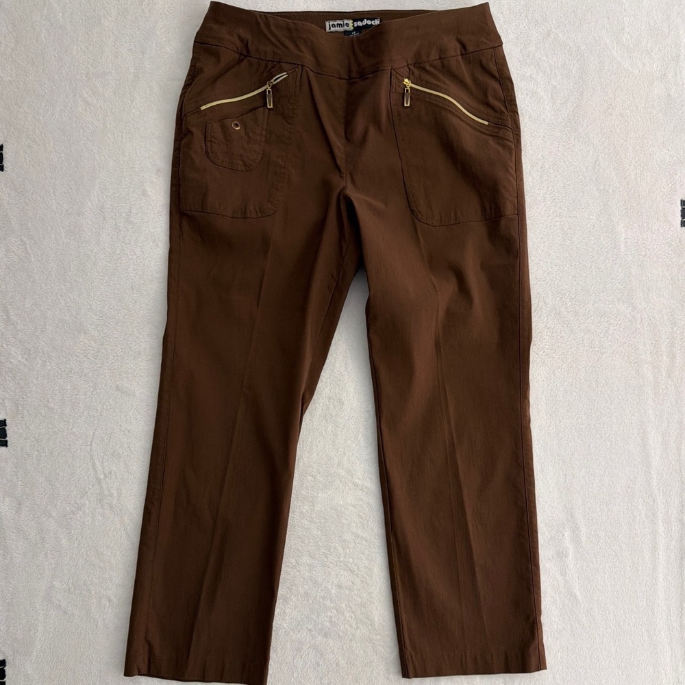 Jamie Sadock Womens Brown Pull On‎ Tech Golf Pants Size 14 Straight Leg Ankle